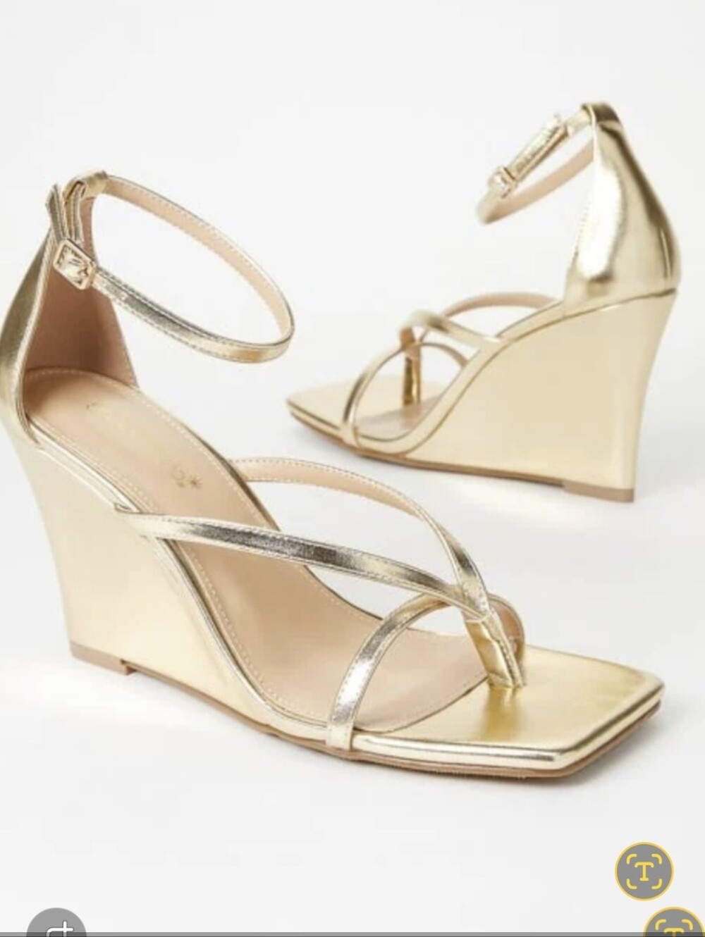 Shoe Dazzle Metallic Gold Strappy Wedge Sandals with Ankle Strap